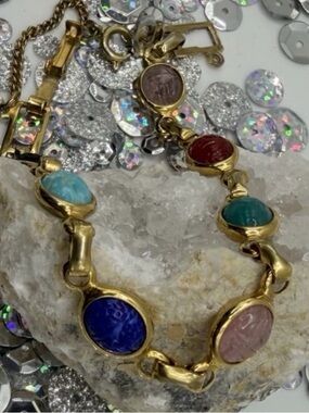 VTG Scarab Cabochon Semi Precious Gemstone Link 12k Gold filled 7” EUC